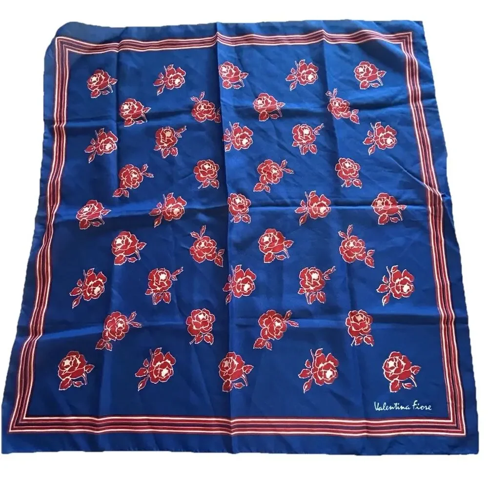 Valentina Fiore Silk Scarf Royal Blue Red Roses 26